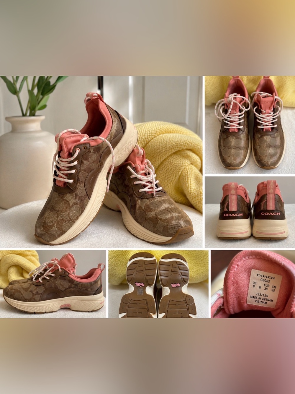 Coach Brown Monogram Sneakers with Coral-Pink Accents